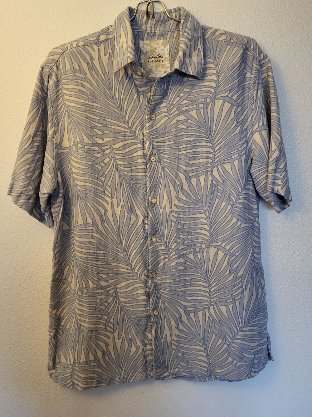 Silk/Linen Blend Shirt In A Tan And Blue Palm Print From Tasso Elba Island, Sm